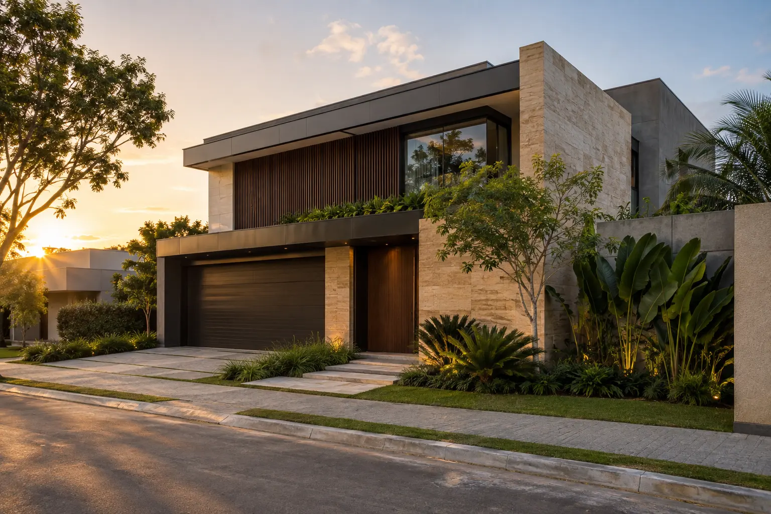 Fachada de residência contemporânea em ambiente urbano tropical