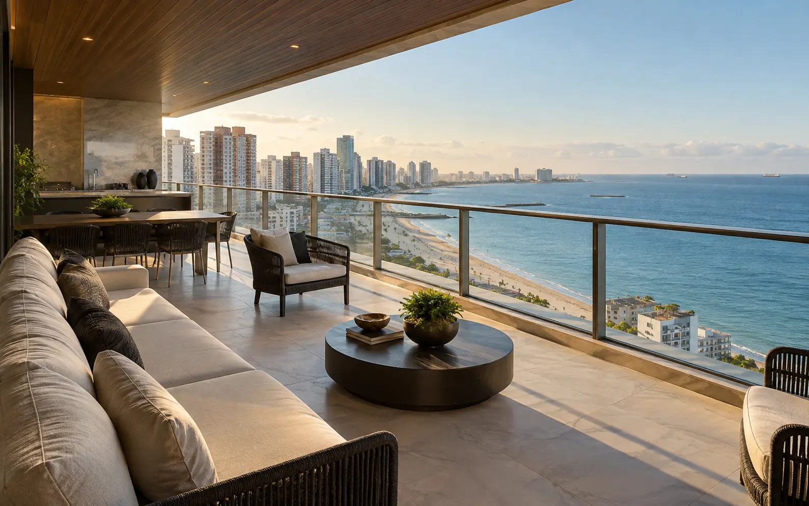 Varanda contemporânea com vista para o mar e a cidade